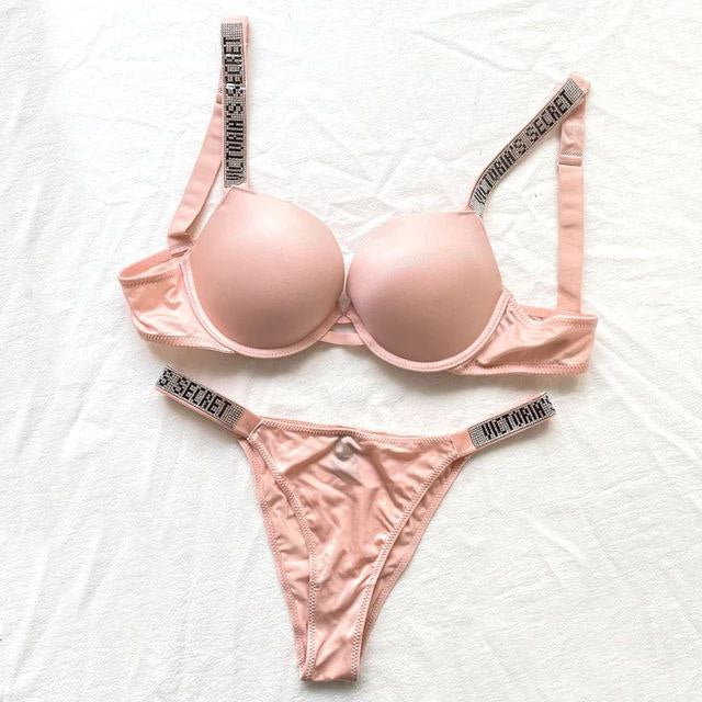 Shine Strap Push-Up Bra + Bombshell Shine Strap Brazilian Panty- Pink