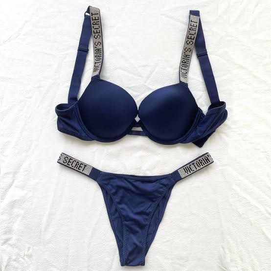 Shine Strap Push-Up Bra + Bombshell Shine Strap Brazilian Panty- Blue