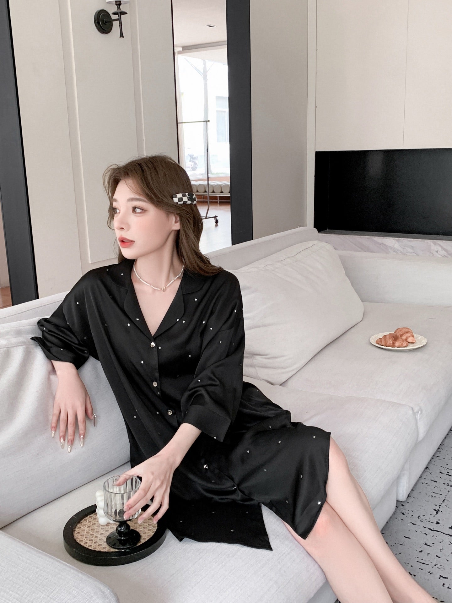 Hotzzz Midnight Pearl Satin Nightshirt - Free Size