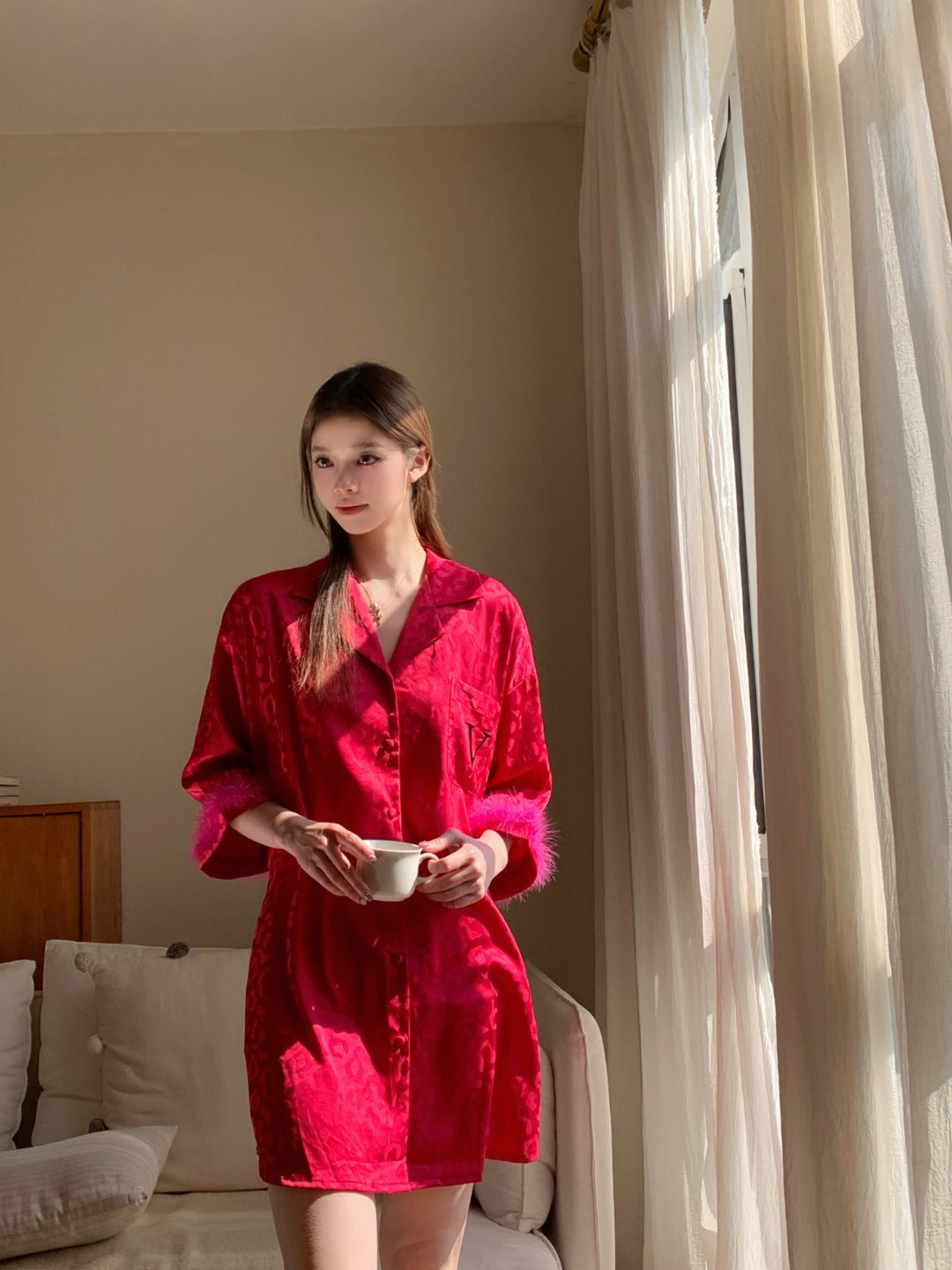Victoria's Secret Fur-Trimmed Satin Wrap - Wine Red