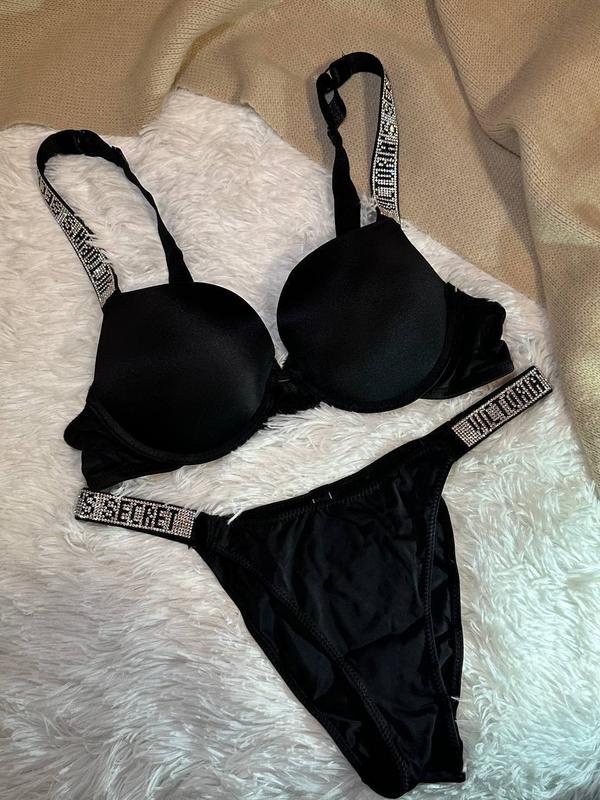 Shine Strap Push-Up Bra + Bombshell Shine Strap Brazilian Panty- Black