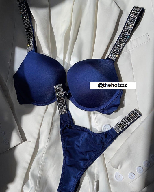 Shine Strap Push-Up Bra + Bombshell Shine Strap Brazilian Panty- Blue