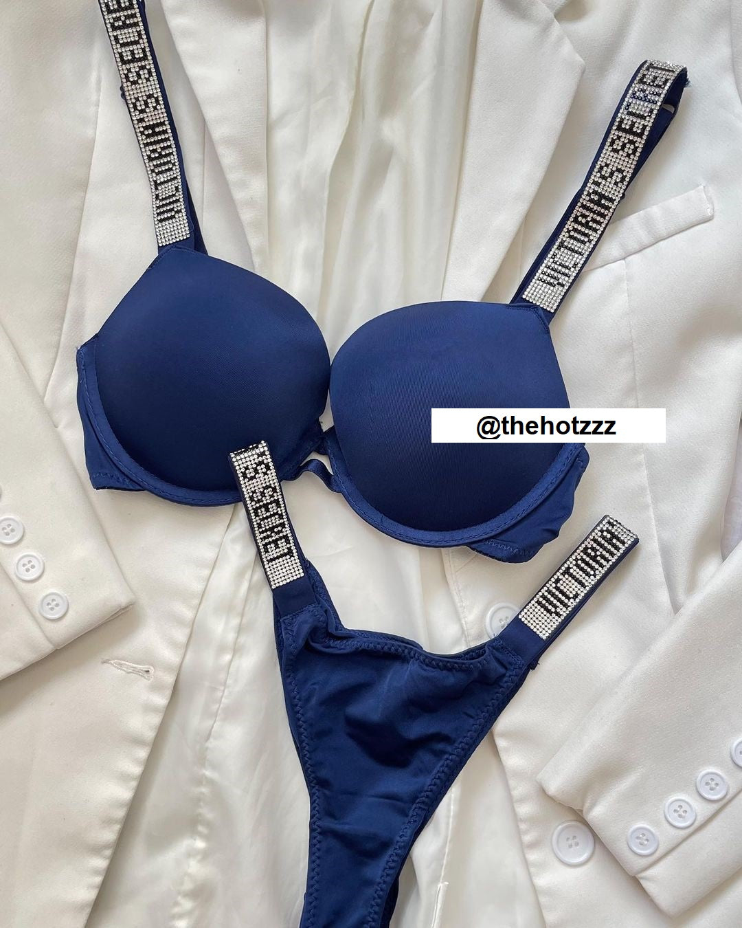 Shine Strap Push-Up Bra + Bombshell Shine Strap Brazilian Panty- Blue