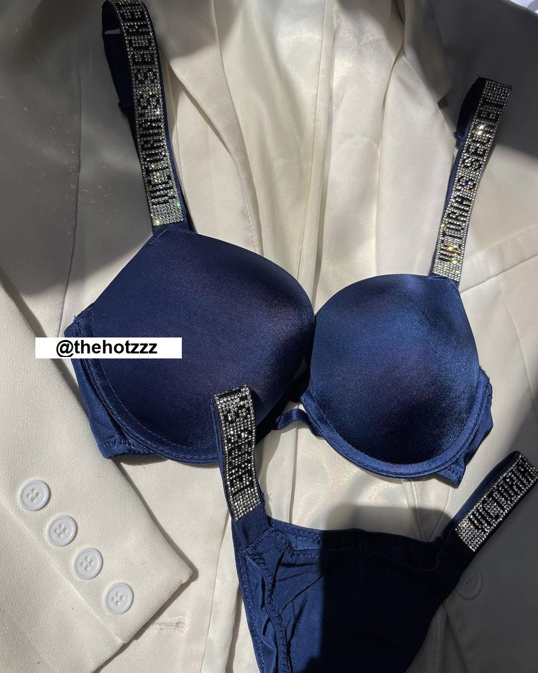 Shine Strap Push-Up Bra + Bombshell Shine Strap Brazilian Panty- Blue