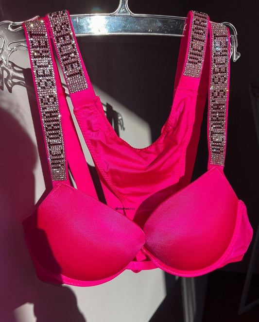 Shine Strap Push-Up Bra + Bombshell Shine Strap Brazilian Panty- Neon Pink