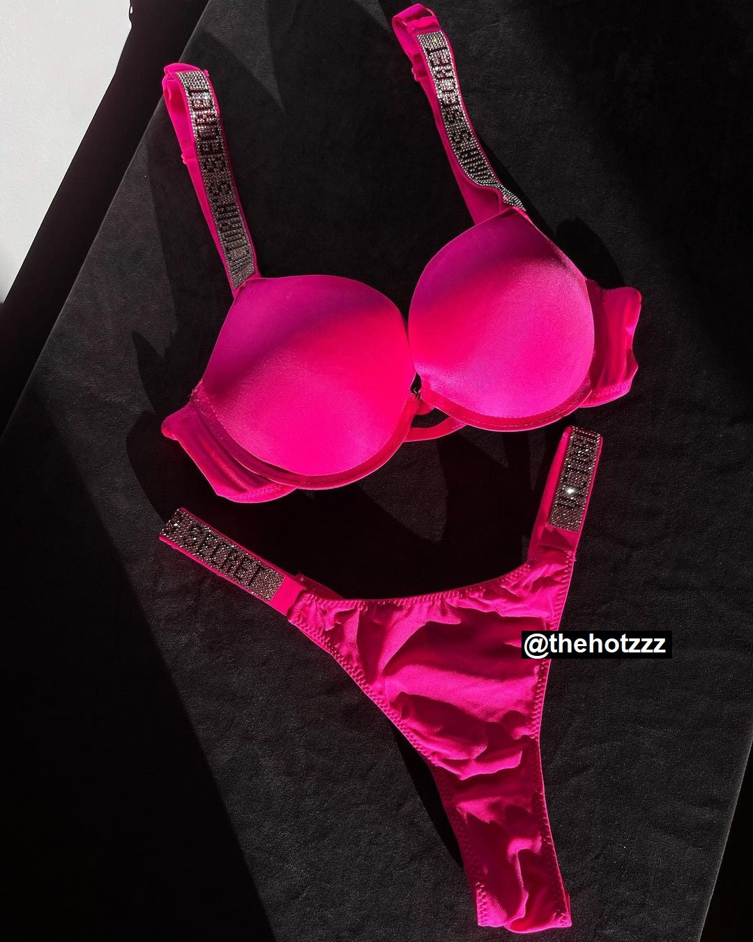 Shine Strap Push-Up Bra + Bombshell Shine Strap Brazilian Panty- Neon Pink
