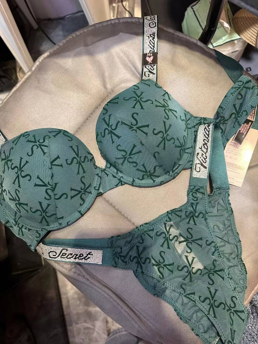 Dark Green Shine Strap Tulle Push-Up Bra + Shine Strap Tulle Panty