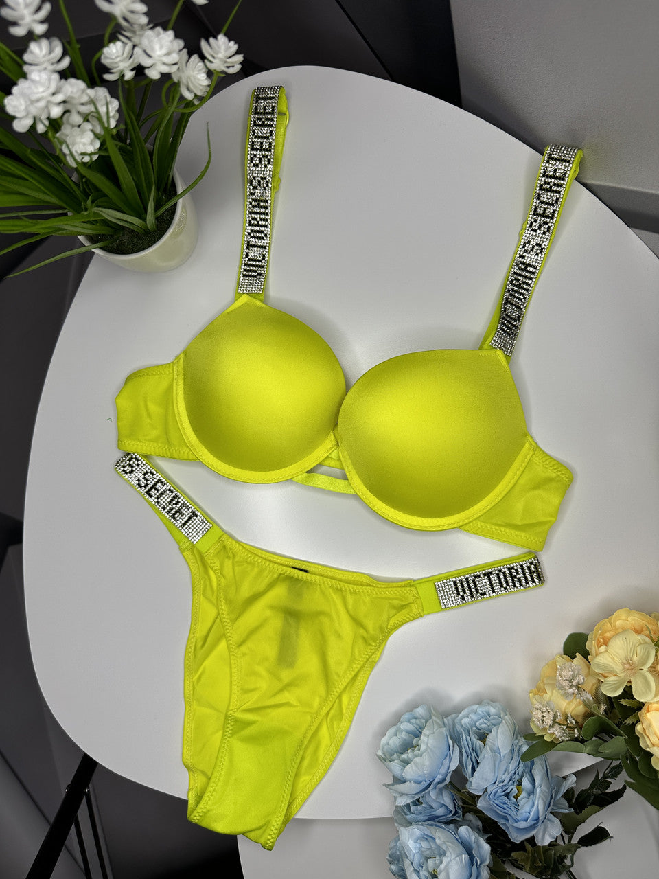 Shine Strap Push-Up Bra + Bombshell Shine Strap Brazilian Panty-Neon Yellow
