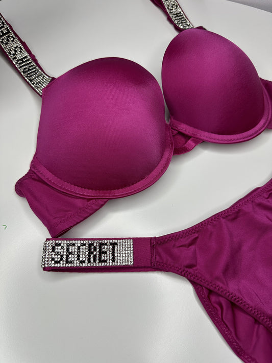 Shine Strap Push-Up Bra + Bombshell Shine Strap Brazilian Panty- Red Rose