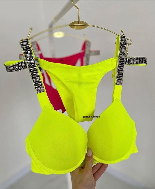 Shine Strap Push-Up Bra + Bombshell Shine Strap Brazilian Panty-Neon Yellow