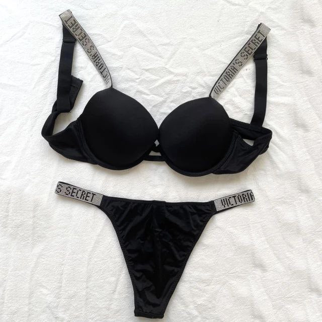Shine Strap Push-Up Bra + Bombshell Shine Strap Brazilian Panty- Black