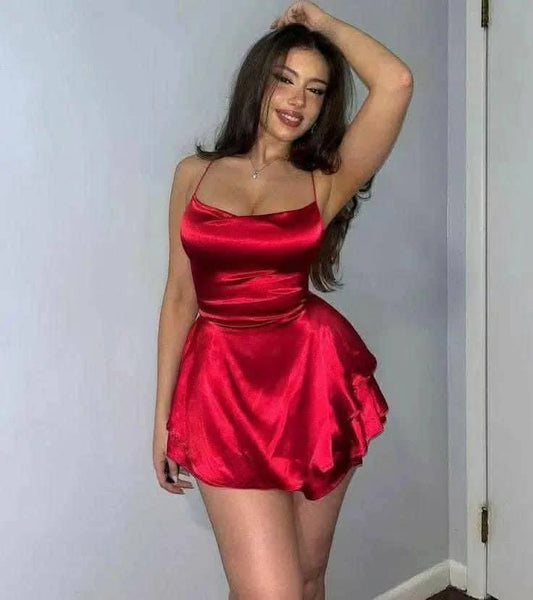 Red Backless Romper Satin Dress