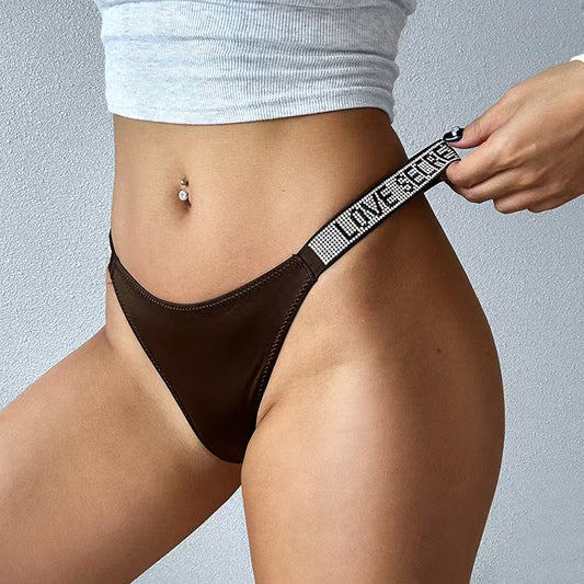 Women Sexy Rhinestone G-string Thongs Lingerie T-back Underwear Panties Fitness- Dark Brown