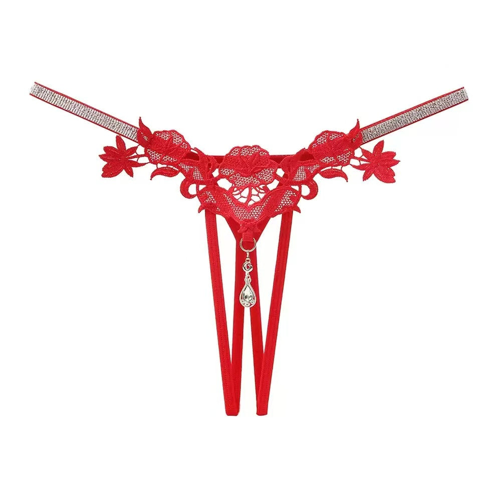 Floral Lace Cut-Out Thong Panty - One Size