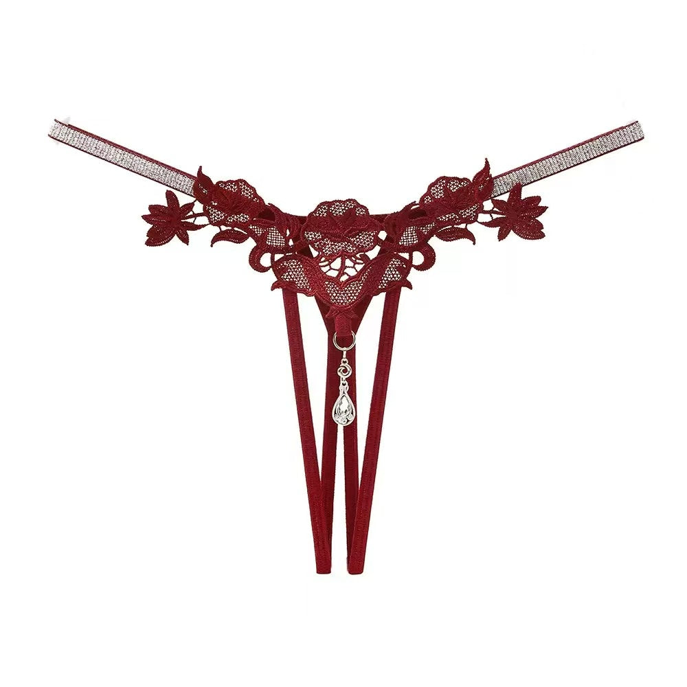 Floral Lace Cut-Out Thong Panty - One Size