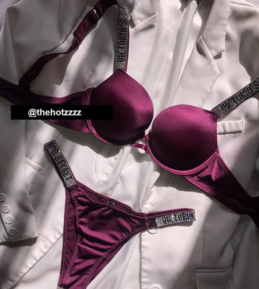 Shine Strap Push-Up Bra + Bombshell Shine Strap Brazilian Panty- Dark Purple