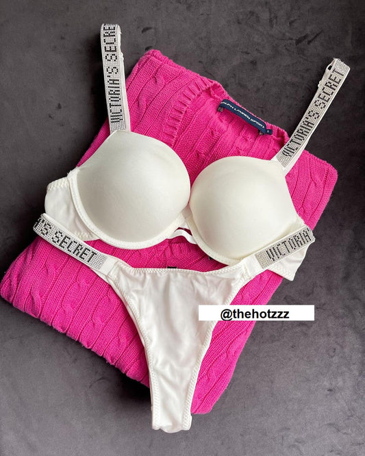 Shine Strap Push-Up Bra + Bombshell Shine Strap Brazilian Panty-White