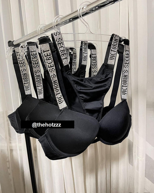 Shine Strap Push-Up Bra + Bombshell Shine Strap Brazilian Panty- Black