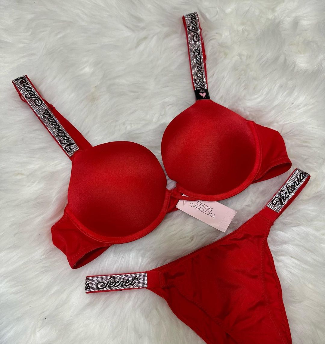 Shine Strap Push-Up Bra + Bombshell Shine Strap Brazilian Panty- Red