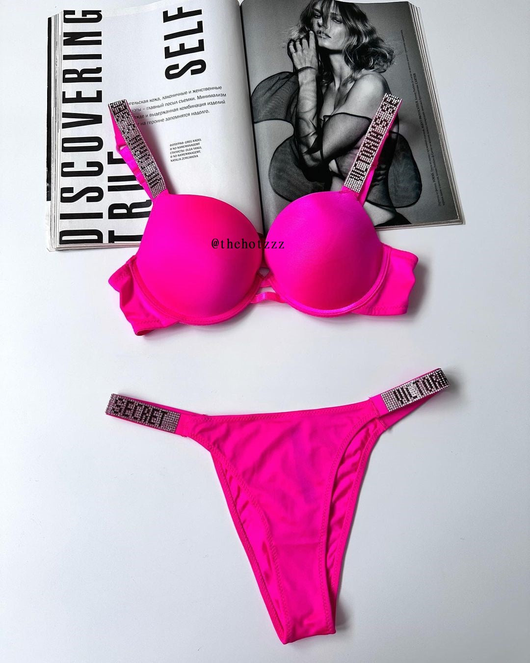 Shine Strap Push-Up Bra + Bombshell Shine Strap Brazilian Panty- Neon Pink