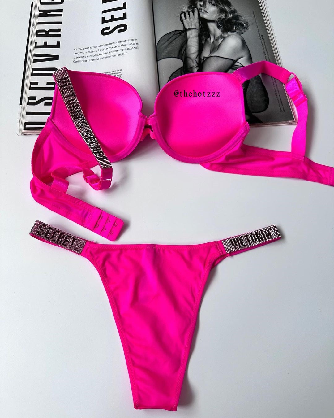 Shine Strap Push-Up Bra + Bombshell Shine Strap Brazilian Panty- Neon Pink