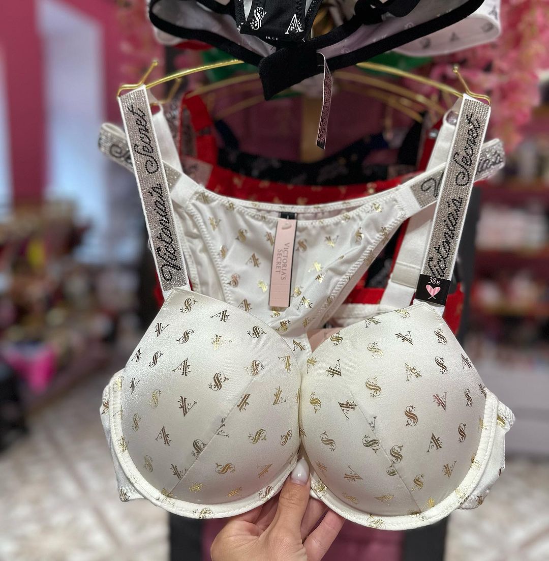 Shine Strap Push-Up Bra + Bombshell Shine Strap Brazilian Panty- white VS gold