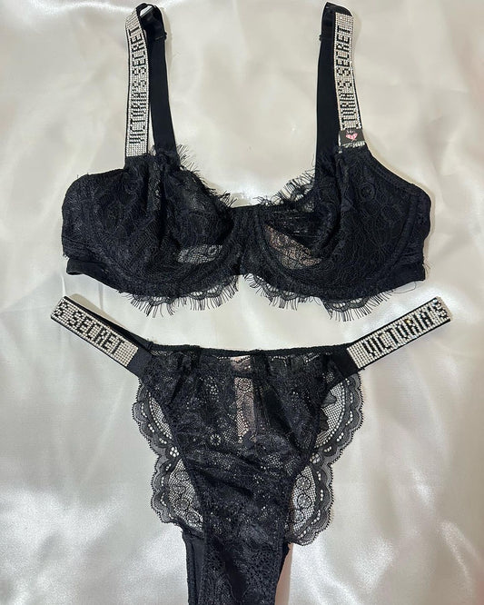 VS Wicked Unlined Shine Strap Balconette Bra- Black