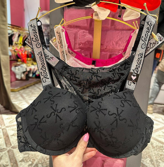 Black Shine Strap Tulle Push-Up Bra + Shine Strap Tulle Panty