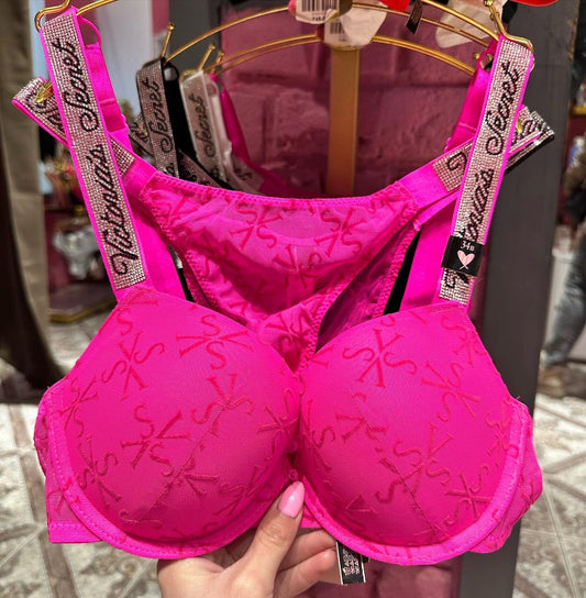 Neon Pink Shine Strap Tulle Push-Up Bra + Shine Strap Tulle Panty