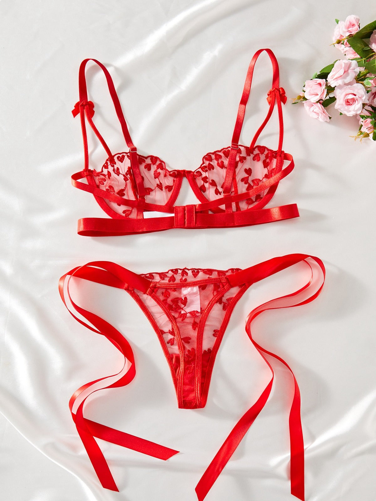 Red Love embroidered lingerie set HF4212
