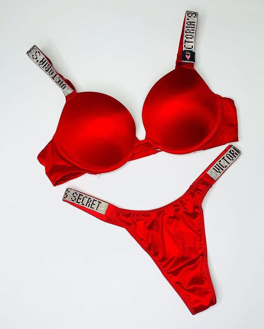 Shine Strap Push-Up Bra + Bombshell Shine Strap Brazilian Panty- Red