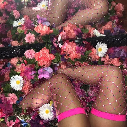Neon Pink Elegance Sheer Stockings with Strass