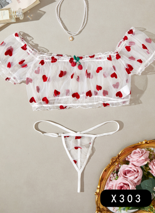 White Sheer Heart Puff-Sleeve Set