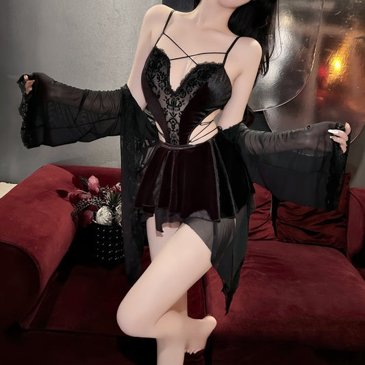 Velvet Lace Strappy Babydoll Set – A139