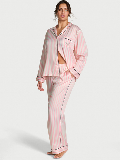 Pink Iconic Stripe Fashion Show Satin Long Pyjamas Set