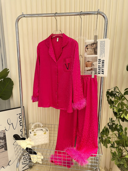 Victoria's Secret Satin Long Pajama Set - Light Wine fur cuff