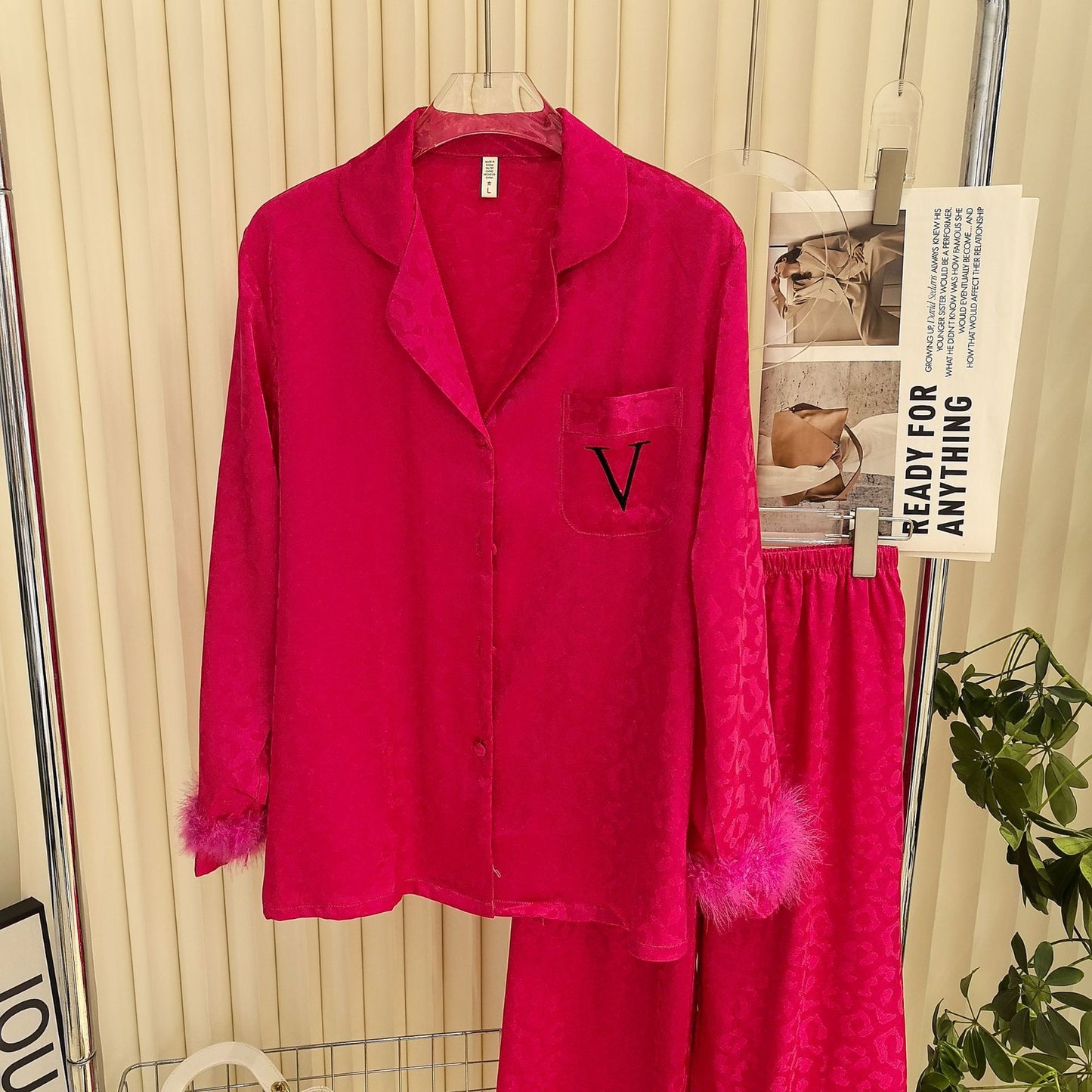 Victoria's Secret Satin Long Pajama Set - Light Wine fur cuff