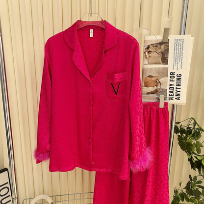 Victoria's Secret Satin Long Pajama Set - Light Wine fur cuff