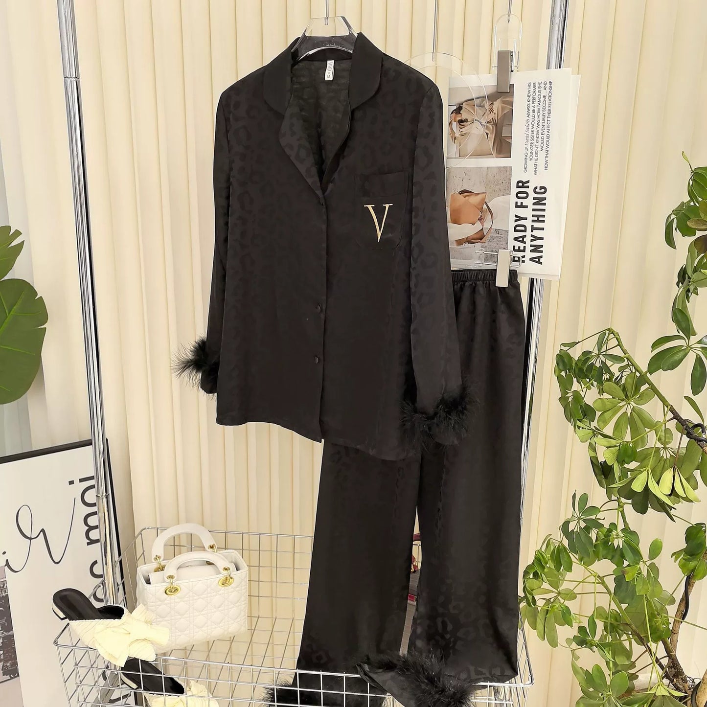 Victoria's Secret Satin Long Pajama Set fur cuff