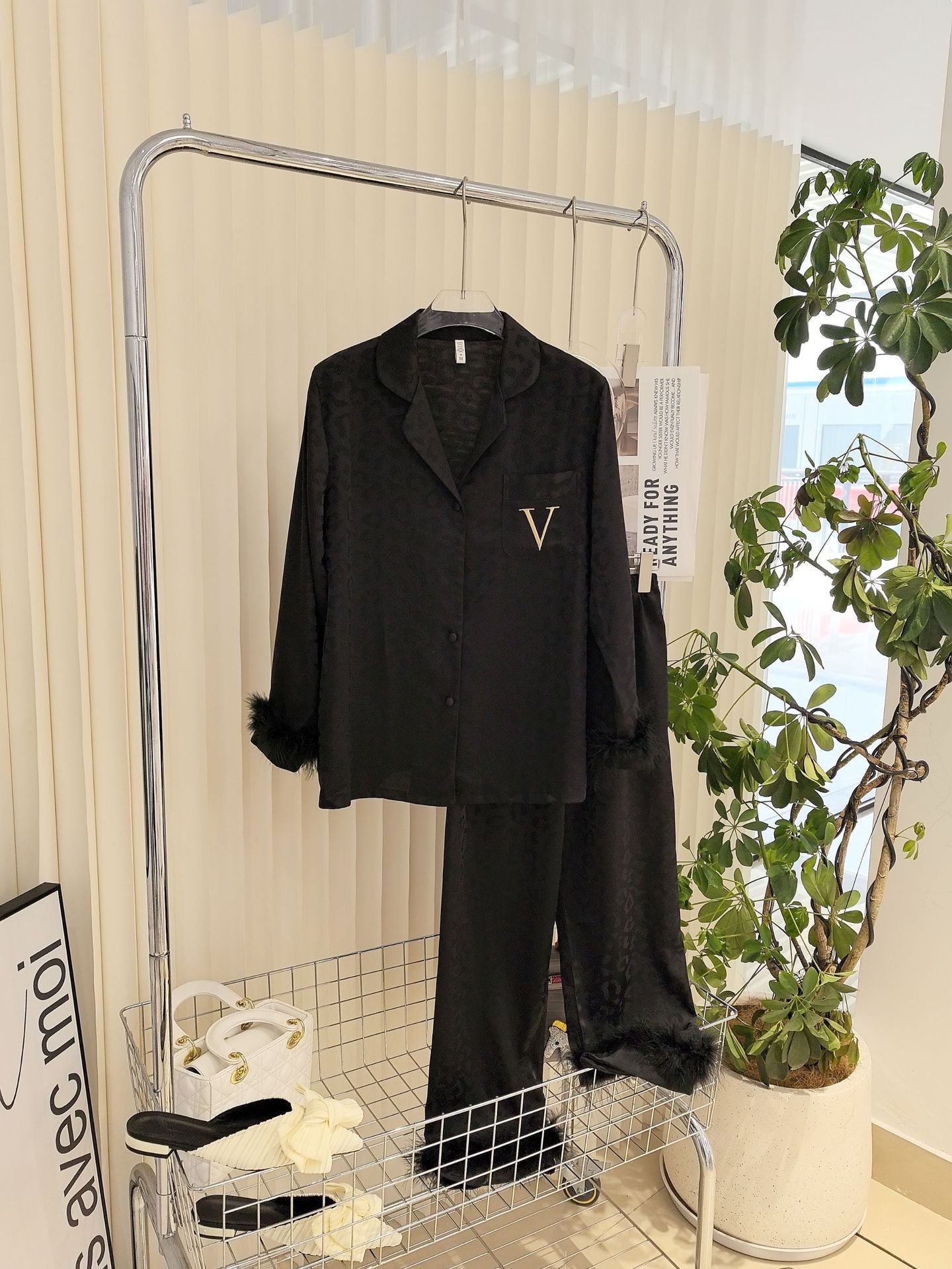 Victoria's Secret Satin Long Pajama Set fur cuff