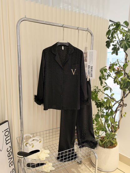 Victoria's Secret Satin Long Pajama Set fur cuff