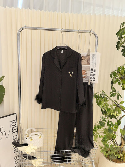 Victoria's Secret Satin Long Pajama Set fur cuff