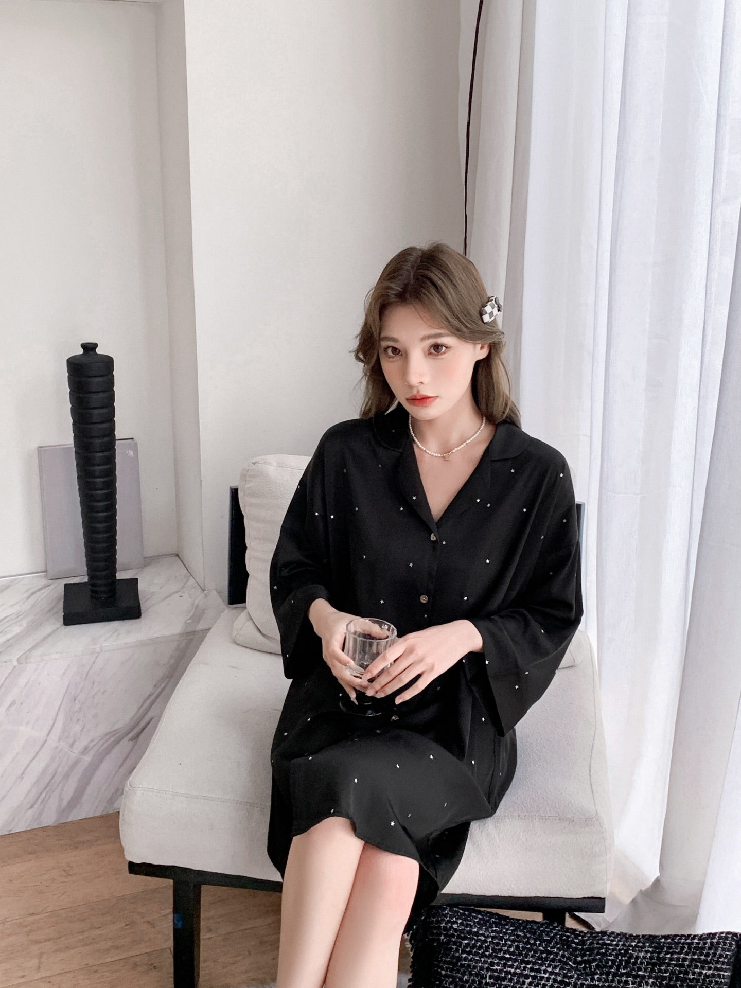 Hotzzz Midnight Pearl Satin Nightshirt - Free Size