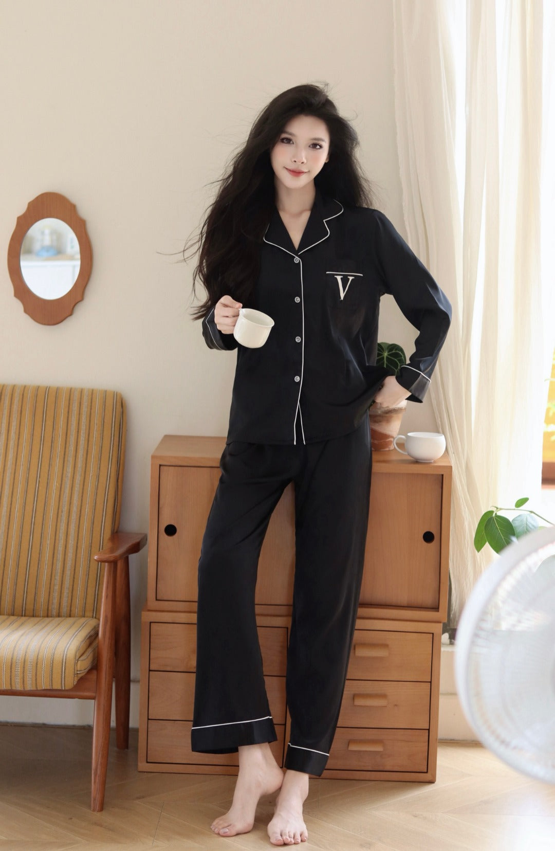 Victoria's Secret Satin Long Pajama Set - Black Gold V Pocket
