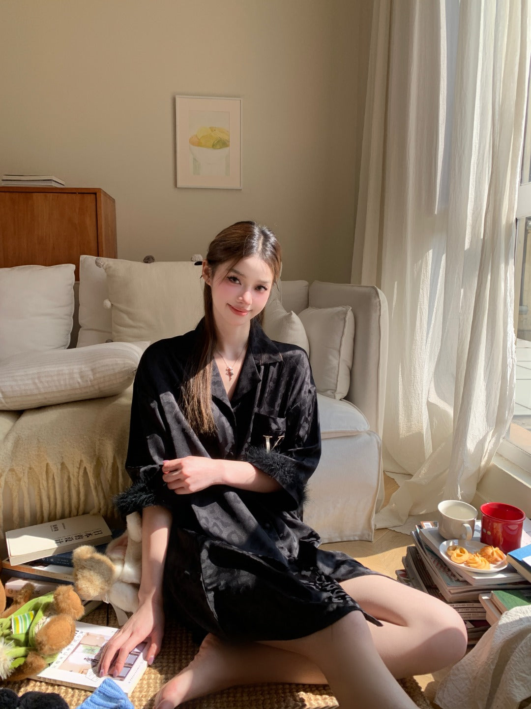 Victoria's Secret Fur-Trimmed Satin Wrap - Black