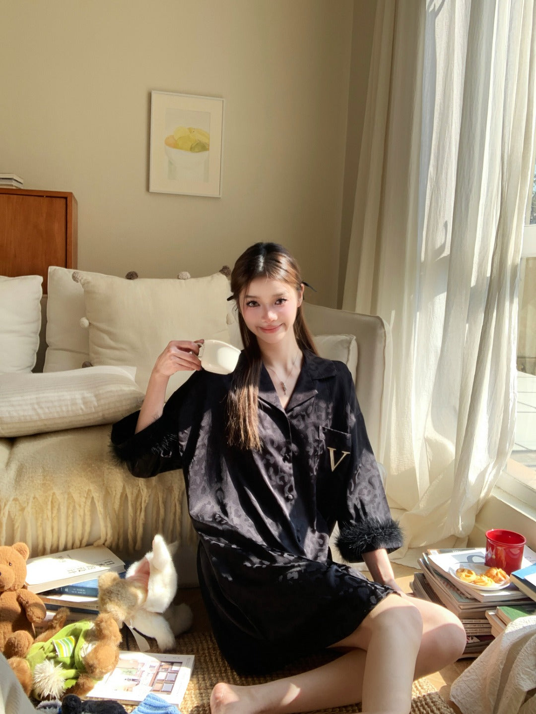 Victoria's Secret Fur-Trimmed Satin Wrap - Black