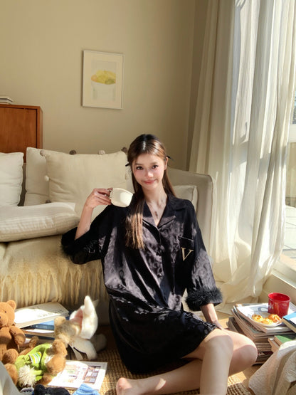 Victoria's Secret Fur-Trimmed Satin Wrap - Black