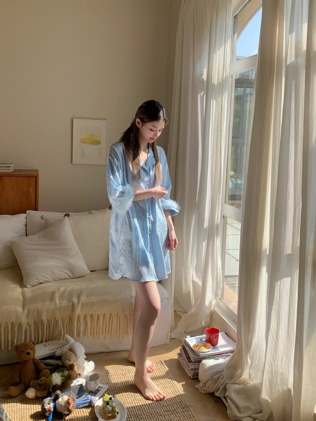 Victoria's Secret Fur-Trimmed Satin Wrap - Sky Blue