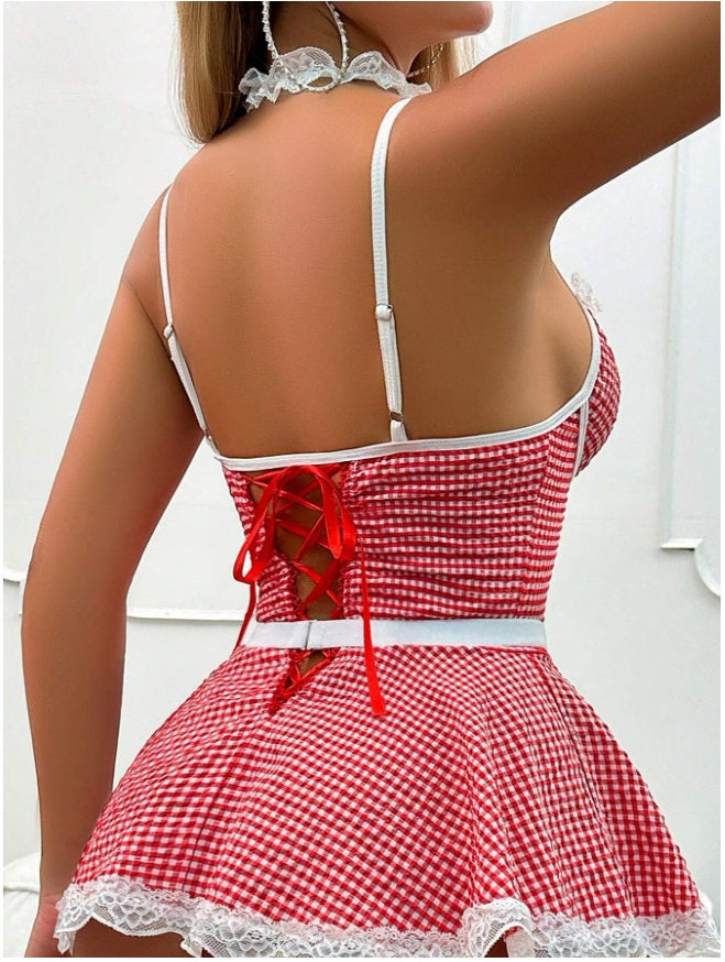 Red Gingham Lace Apron Dress Set