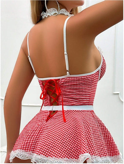 Red Gingham Lace Apron Dress Set